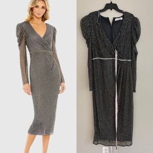 Mac Duggal 93674 Gray Beaded Wrap Over Puff Sleeve Dress